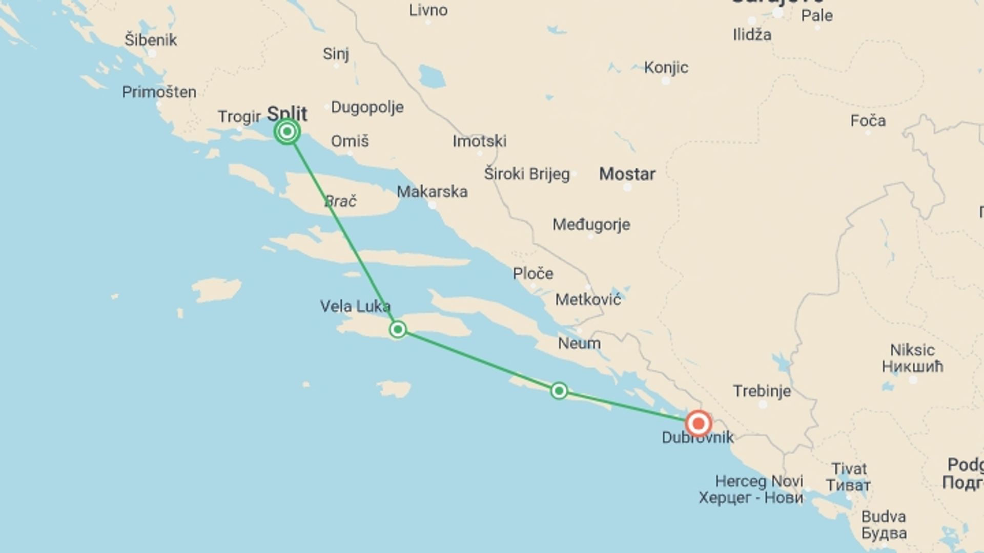 A map showing the tour itinerary for the trip: Dubrovnik & the Dalmatian Coast, starting in Split, Croatia and ending in Dubrovnik, Croatia going through 3 other destinations.