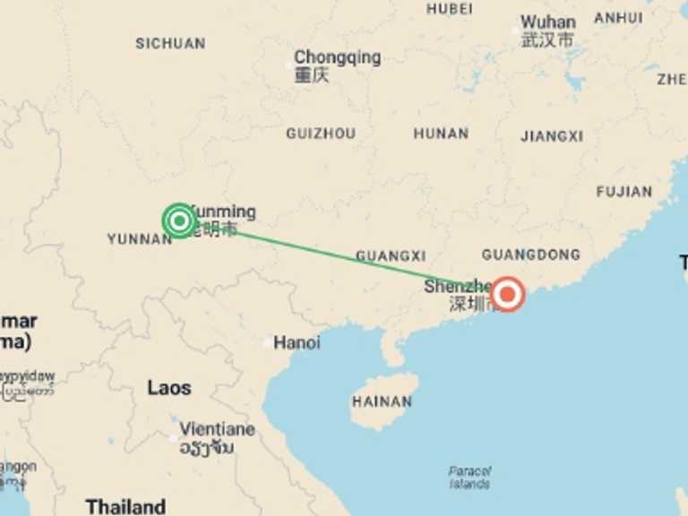 Map of 8-Day China Tour with 2 destination visits for the trip: China Golf Luxury: Spring City & Mission Hills Shenzhen