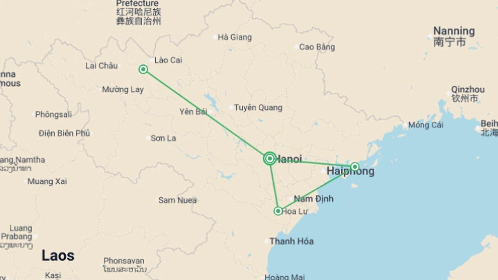 A map showing the tour itinerary for the trip: Hanoi, Sapa, Ninh Binh & Halong - 8 days, starting in Hanoi, Vietnam and ending in Hanoi, Vietnam going through 3 other destinations.