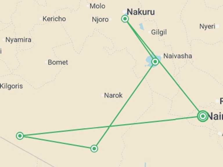 Map itinerary of Africa Tour in June 2027 with 5 destination visits for the trip: Kenya Wildlife Safari