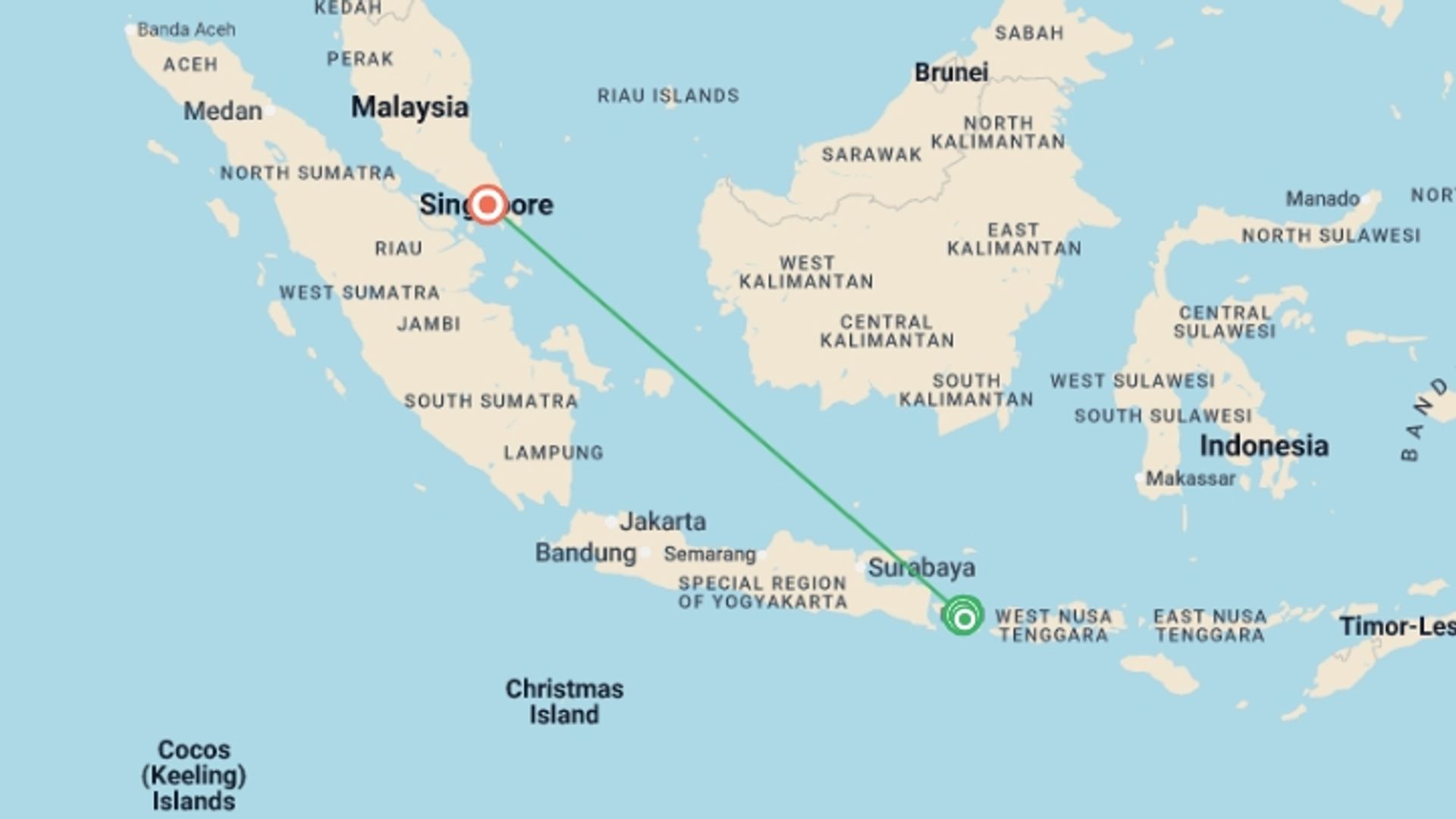 A map showing the tour itinerary for the trip: Beautiful Bali and Singapore, starting in Bali, Indonesia and ending in Singapore, Singapore going through 0 other destinations.