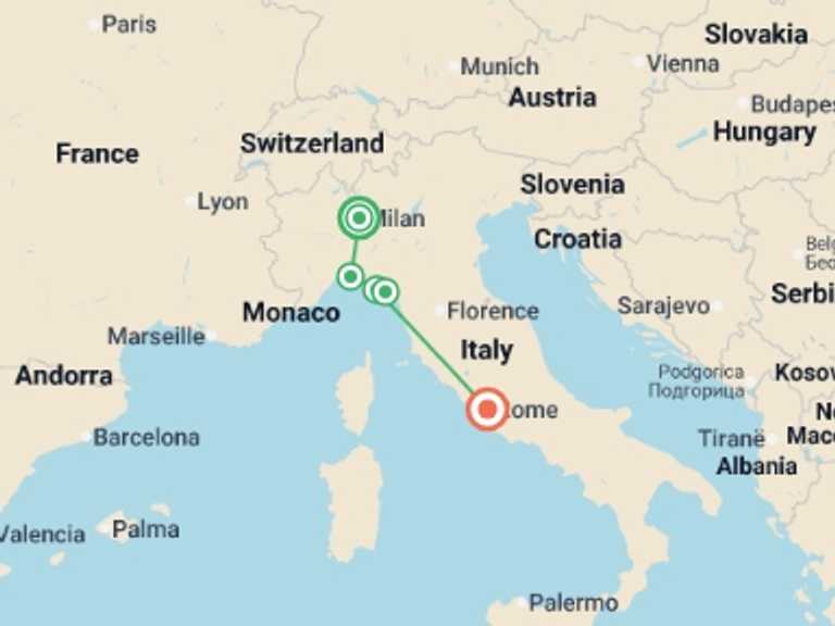 Map of Italy Explorer Tour with 5 destination visits for the trip: Enchanting Cinque Terre from Milan