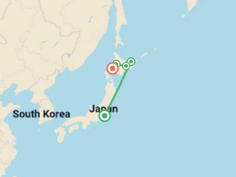 Map itinerary of Tokyo Tour in August 2027 with 5 destination visits for the trip: Active Japan: Hokkaido Adventure