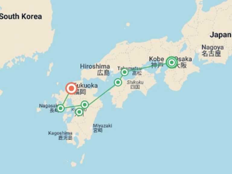 Map itinerary of Asia Tour in September 2026 with 7 destination visits for the trip: Japan Adventure: Kyushu & Shikoku