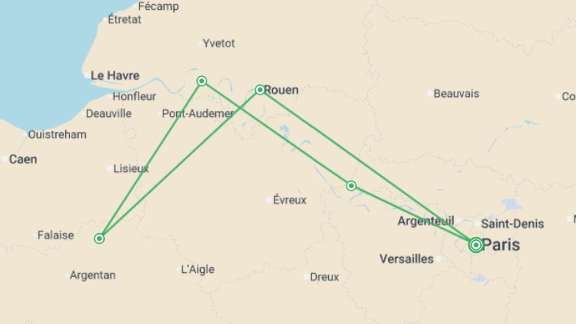A map showing the tour itinerary for the trip: Authentic Normandy: Charming Villages, Traditional Food, and Classic Sites (port-to-port cruise), starting in Paris, France and ending in Paris, France going through 5 other destinations.