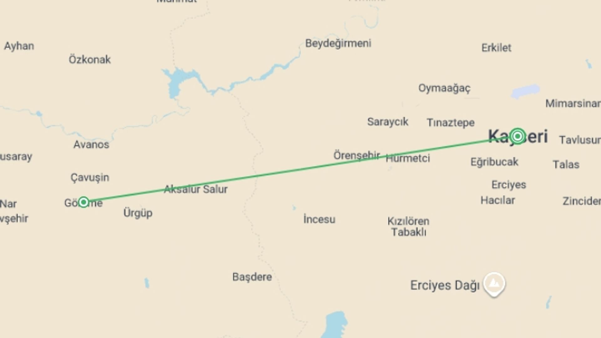 A map showing the tour itinerary for the trip: Secrets of Cappadocia - 4 days, starting in Kayseri, Turkey and ending in Kayseri, Turkey going through 1 other destinations.