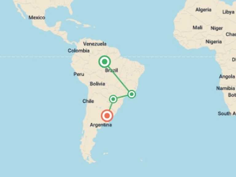 Map itinerary of Manaus Tour in September 2026 with 7 destination visits for the trip: Impressions of South America