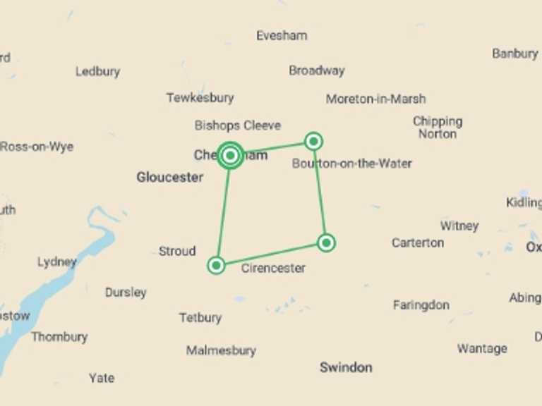 Map itinerary of England Tour in July 2026 with 4 destination visits for the trip: Cotswolds by Bike