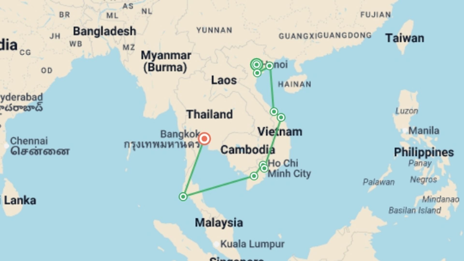 A map showing the tour itinerary for the trip: Vietnam & Thailand Cultural Crossroads - 15 days, starting in Hanoi, Vietnam and ending in Bangkok, Thailand going through 8 other destinations.