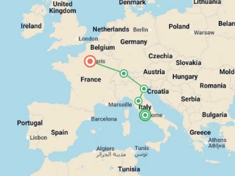 Map itinerary of Europe Tour in Winter with 5 destination visits for the trip: Grand European Adventure Rome to Paris - 10 days