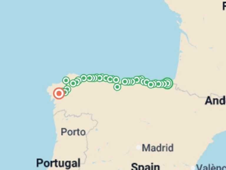 Map itinerary of Mediterranean Tour in April 2026 with 36 destination visits for the trip: Full Camino Norte
