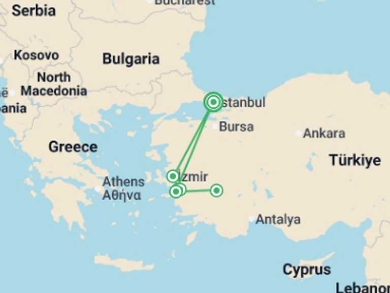 Map of Europe Tour with 3 destination visits for the trip: Istanbul, Kusadasi & Pamukkale Tour