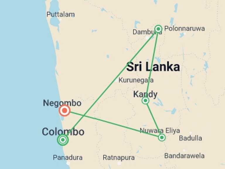 Map itinerary of Sri Lanka Tour in January 2027 with 5 destination visits for the trip: Best of Sri Lanka