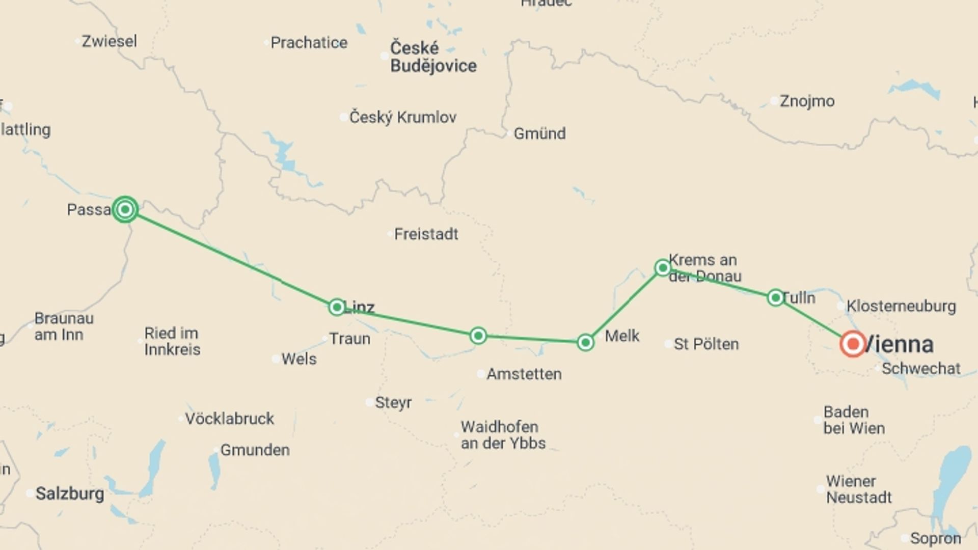 A map showing the tour itinerary for the trip: Self-Guided Cycling on the Danube from Passau to Vienna, starting in Passau, Germany and ending in Vienna, Austria going through 5 other destinations.