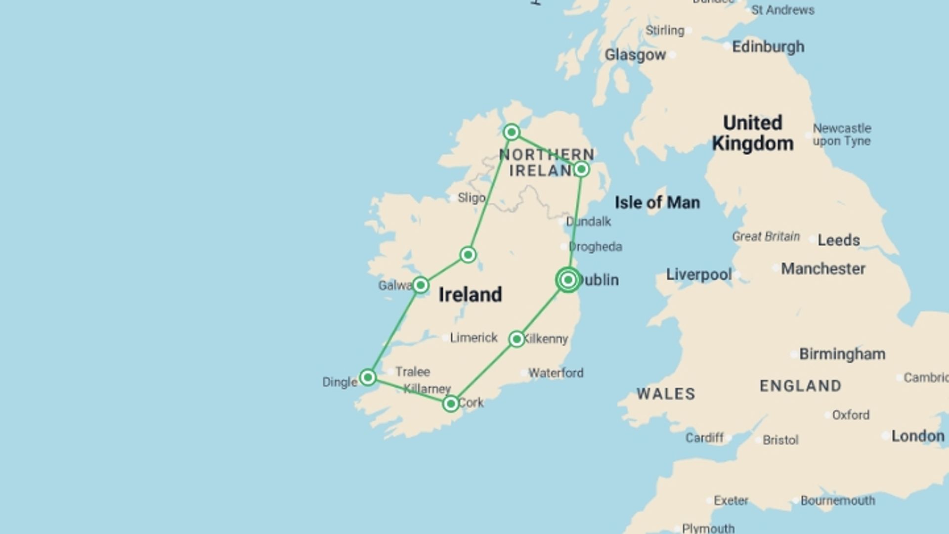 A map showing the tour itinerary for the trip: The Emerald Isle, starting in Dublin, Ireland and ending in Dublin, Ireland going through 7 other destinations.