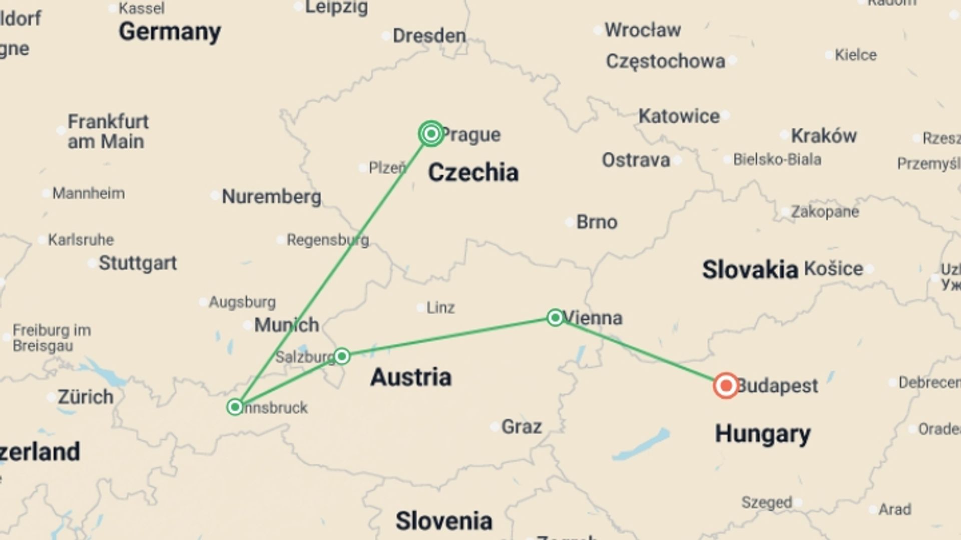A map showing the tour itinerary for the trip: Solo Lite Captivating Central Europe, starting in Prague, Czech Republic and ending in Budapest, Hungary going through 5 other destinations.