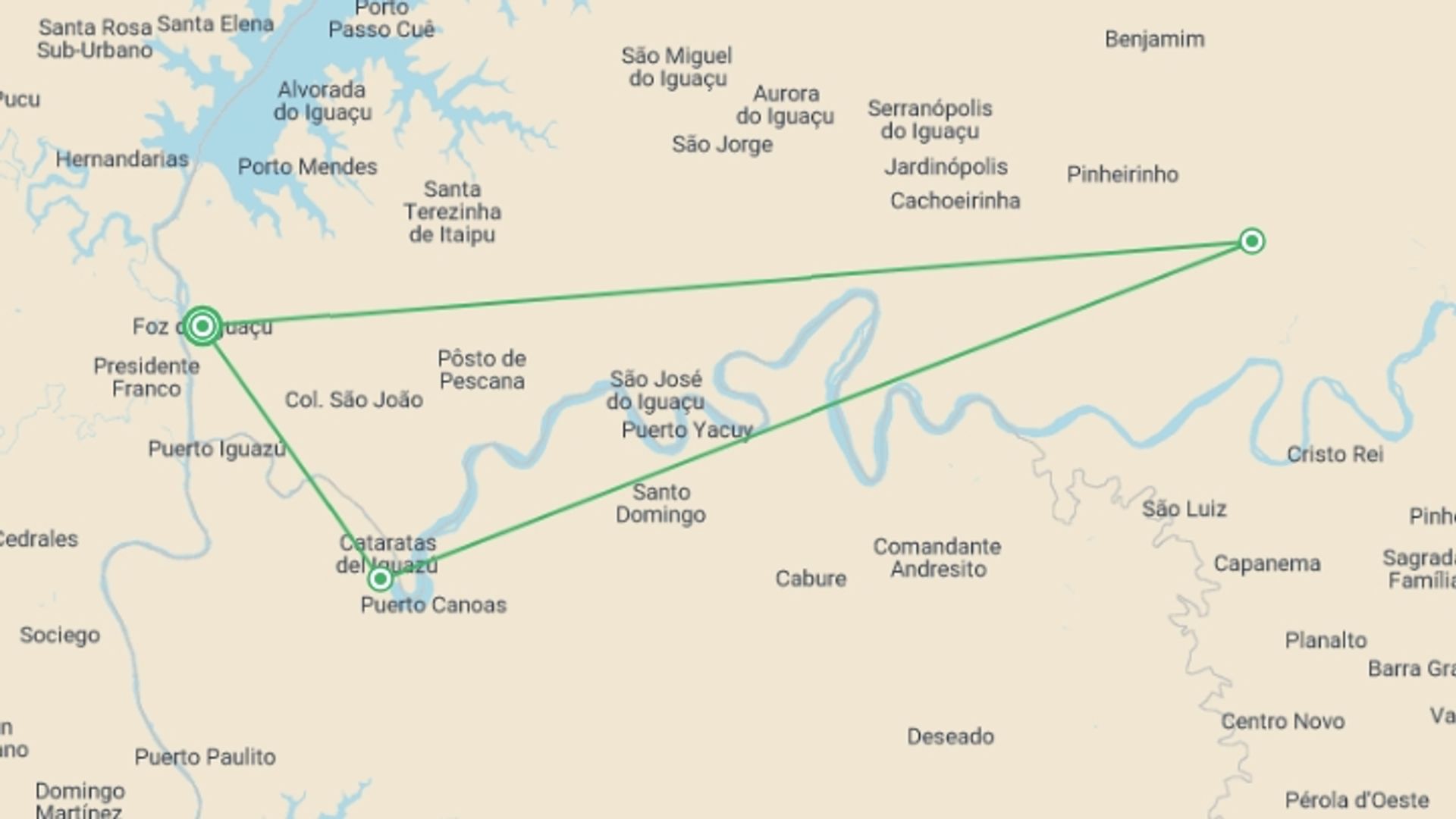 A map showing the tour itinerary for the trip: Iguassu Falls Independent Adventure, starting in Foz Do Iguacu, Brazil and ending in Foz Do Iguacu, Brazil going through 2 other destinations.