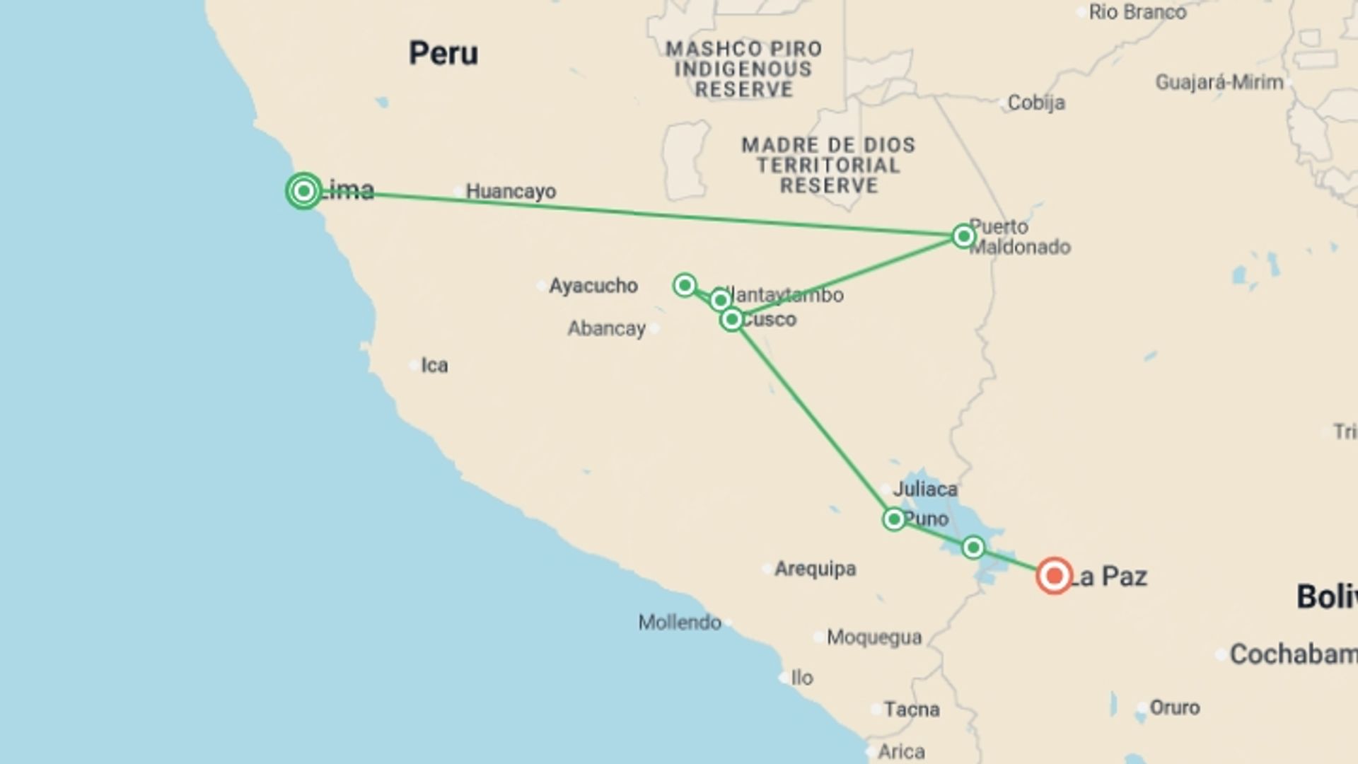 A map showing the tour itinerary for the trip: Lima to La Paz - 14 days, starting in Lima, Peru and ending in La Paz, Bolivia going through 4 other destinations.