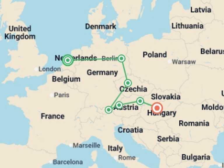 Map itinerary of Europe Tour in July 2026 with 7 destination visits for the trip: From Amsterdam to Budapest GO