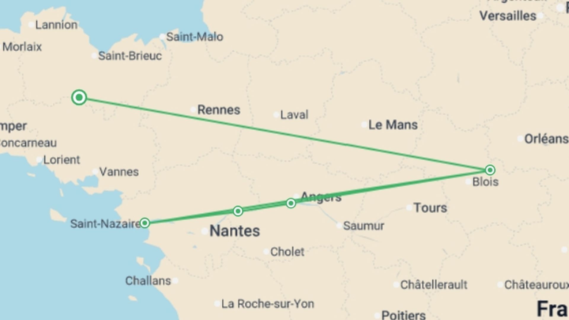 A map showing the tour itinerary for the trip: The Loire Valley, a Royal legacy (port-to-port cruise), starting in Brittany, France and ending in Brittany, France going through 4 other destinations.