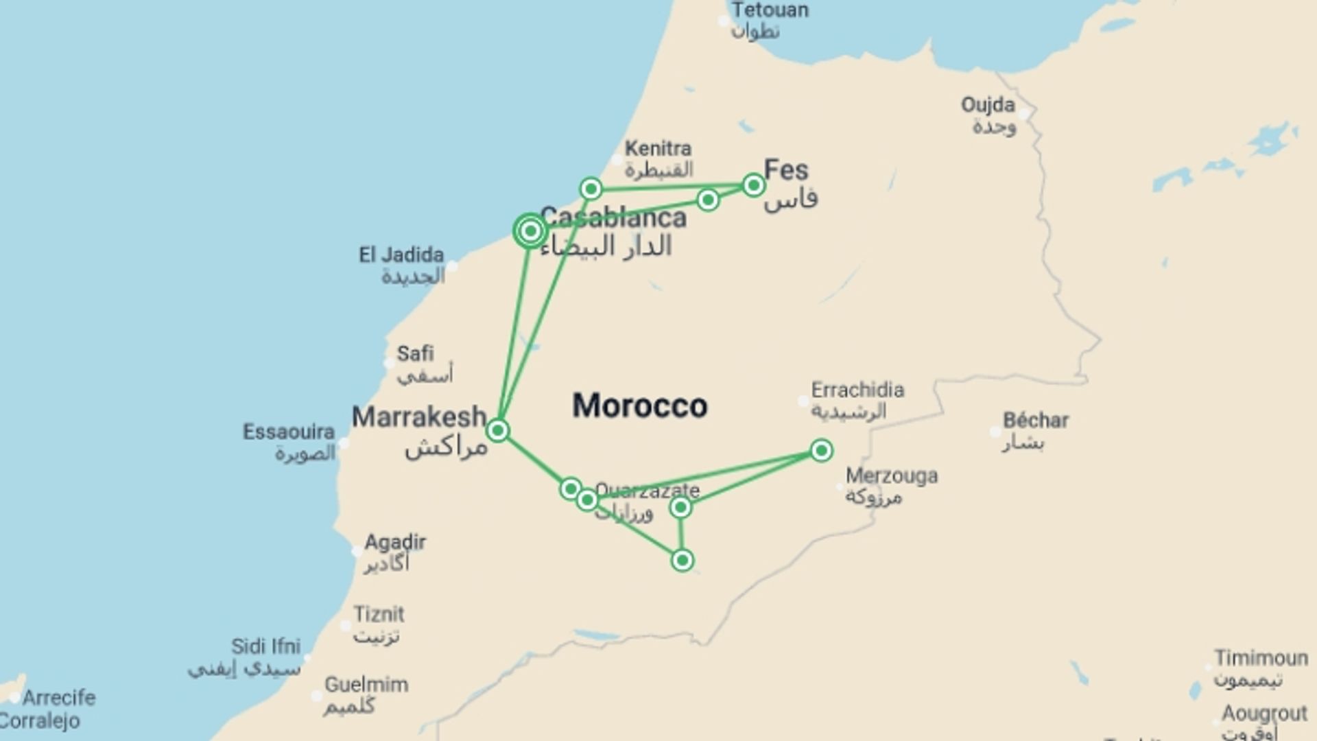 A map showing the tour itinerary for the trip: Casablanca, Marrakech & the Sahara - 10 days , starting in Casablanca, Morocco and ending in Casablanca, Morocco going through 5 other destinations.