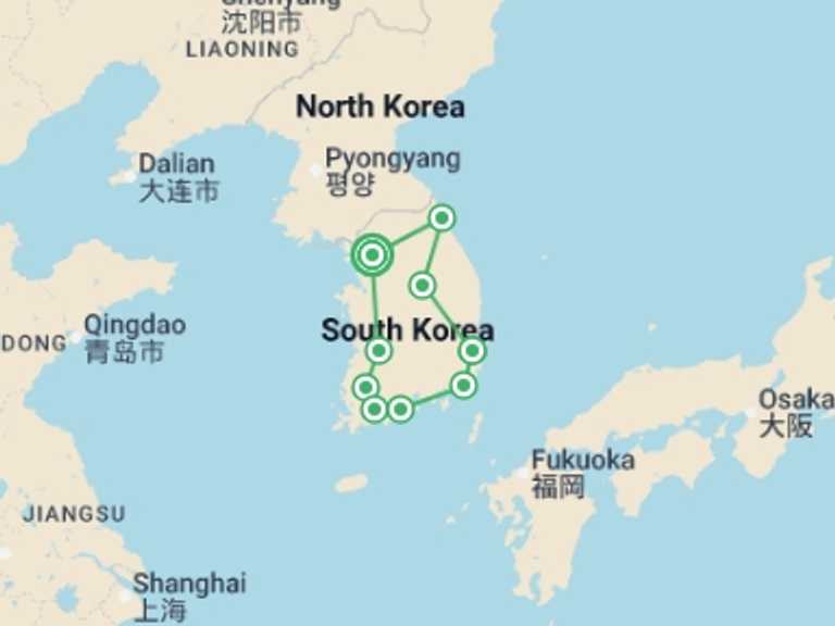 Map of South Korea Tour with 7 destination visits for the trip: Spectacular South Korea - 12 days