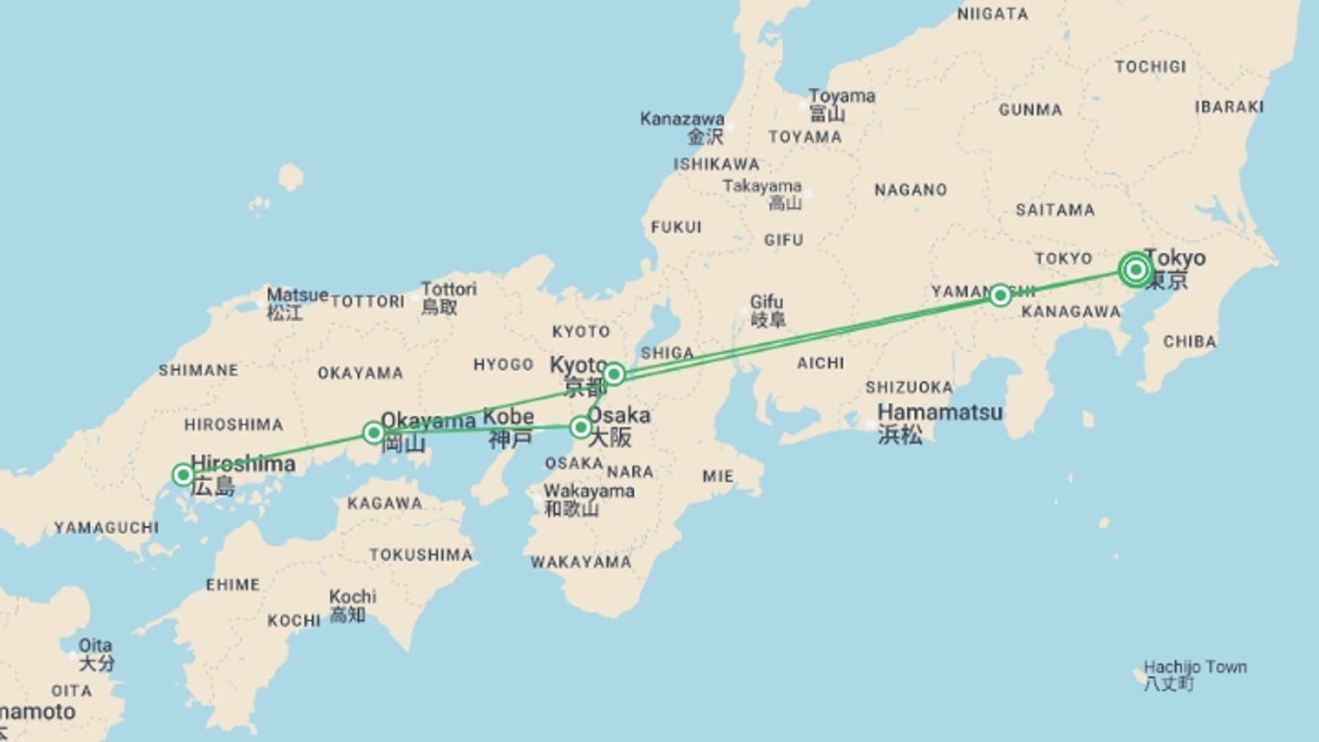 A map showing the tour itinerary for the trip: Contrasts of Japan end Tokyo, starting in Tokyo, Japan and ending in Tokyo, Japan going through 5 other destinations.