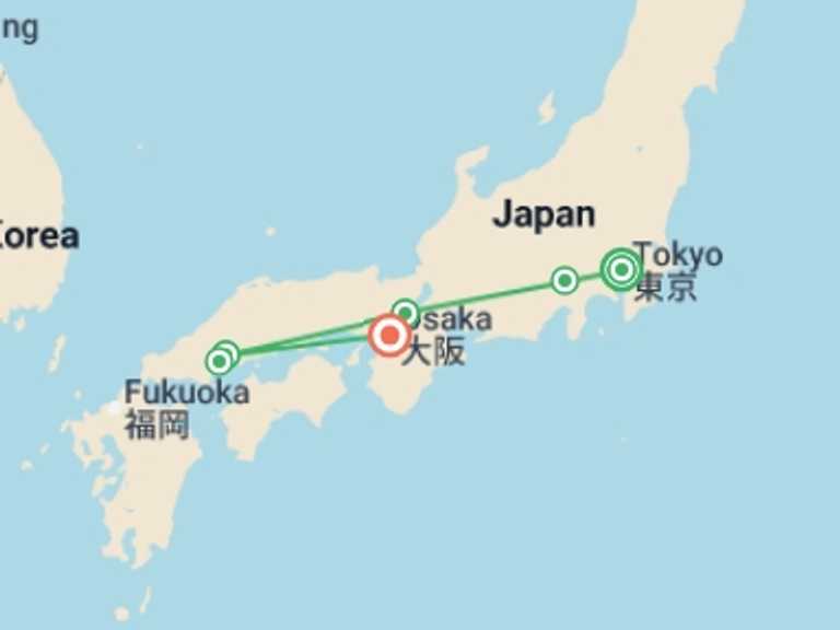 Map itinerary of Asia Tour in August 2026 with 5 destination visits for the trip: Best of Japan