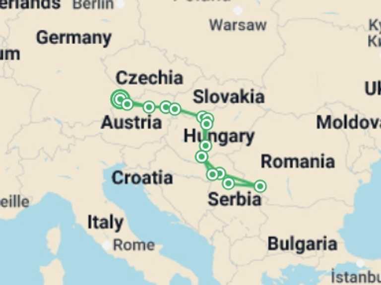 Map itinerary of Vienna Tour in June 2026 with 12 destination visits for the trip: Danube to the Iron Gates Bike and Boat