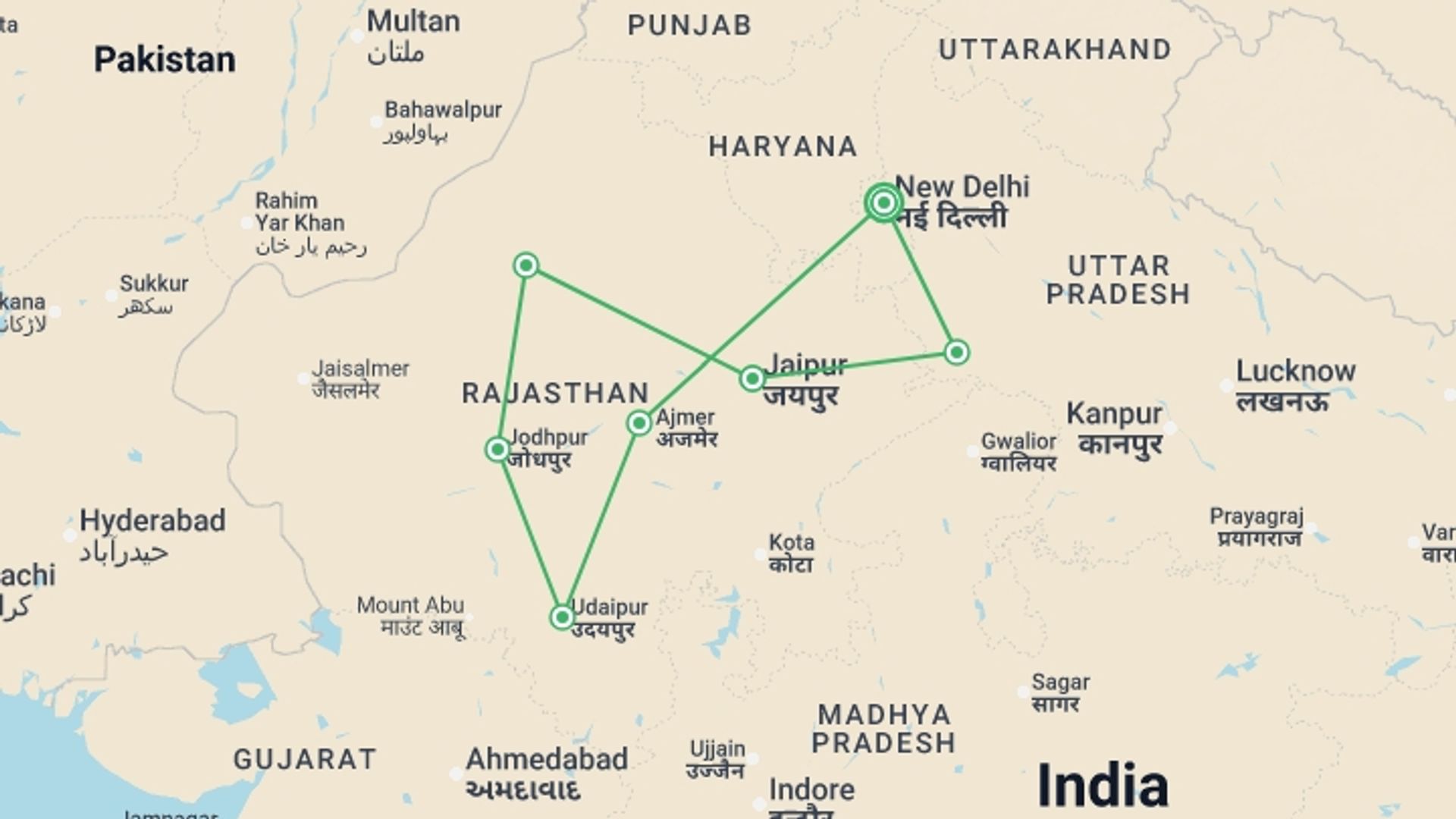 A map showing the tour itinerary for the trip: Special Rajasthan, Italian-speaking Guide, starting in New Delhi, India and ending in New Delhi, India going through 6 other destinations.