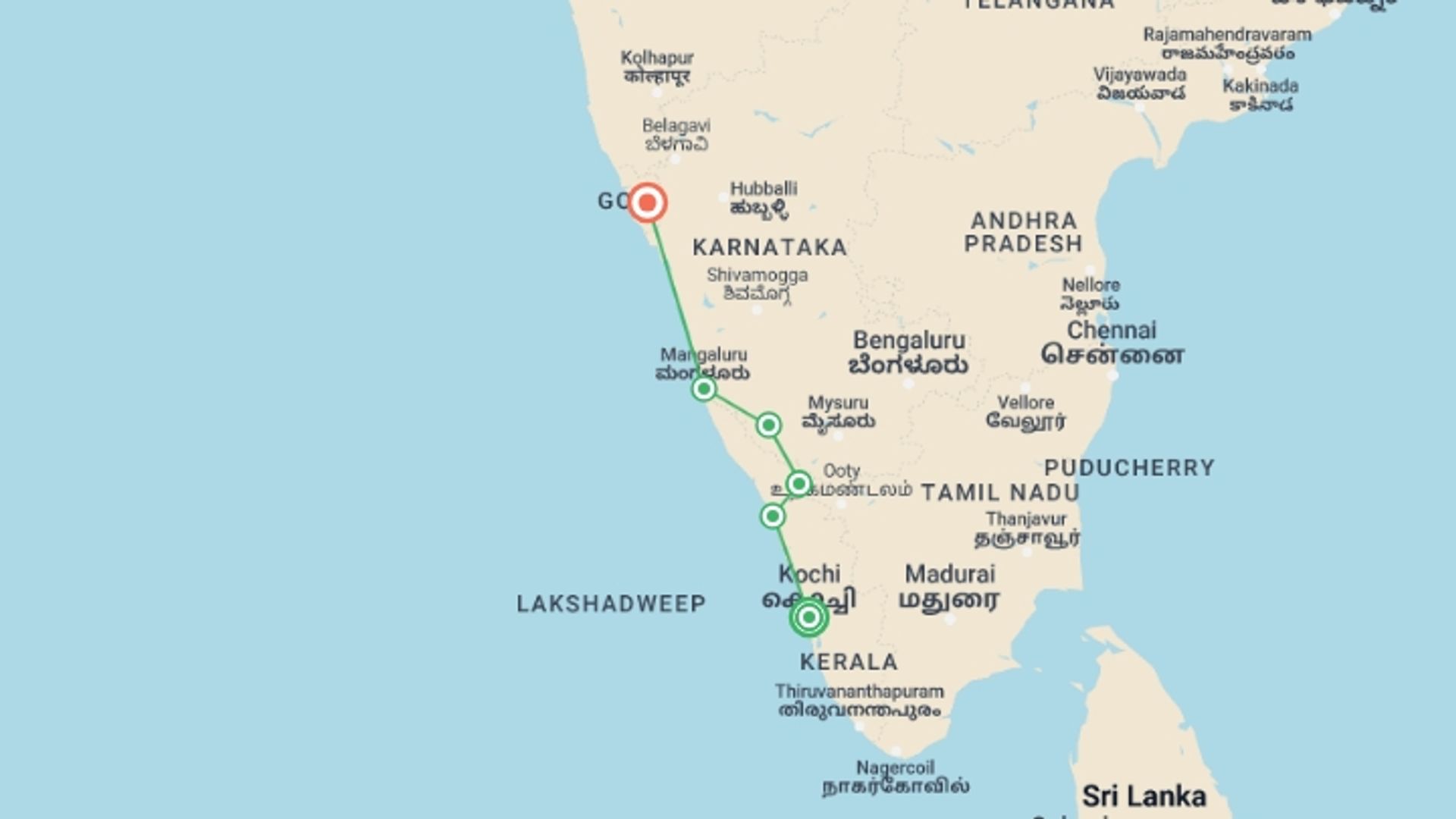 A map showing the tour itinerary for the trip: Upgraded - South India: Kerala to Goa, starting in Kochi, India and ending in Goa, India going through 5 other destinations.