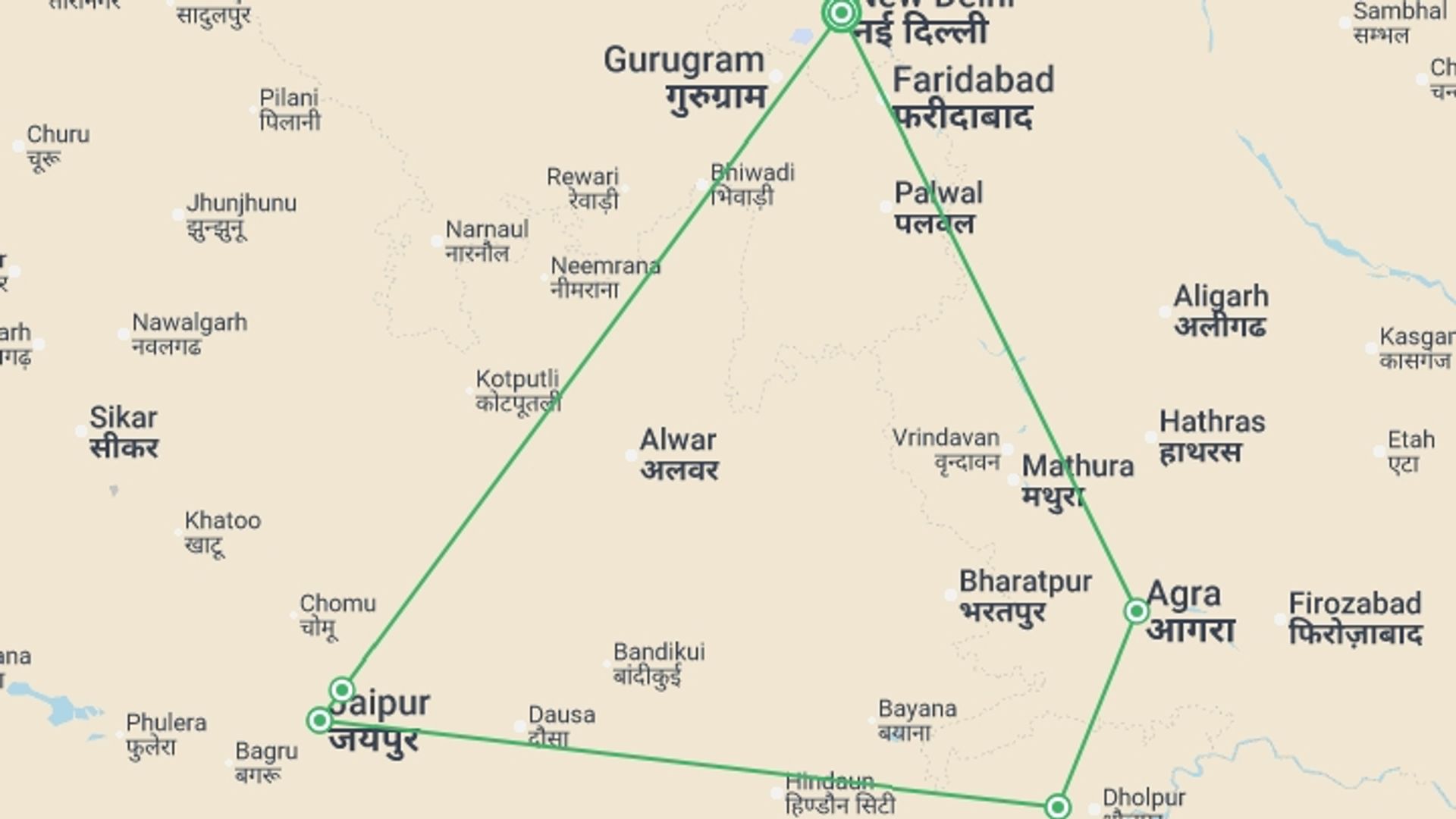 A map showing the tour itinerary for the trip: Upgraded - Highlights of Northern India, starting in New Delhi, India and ending in New Delhi, India going through 4 other destinations.