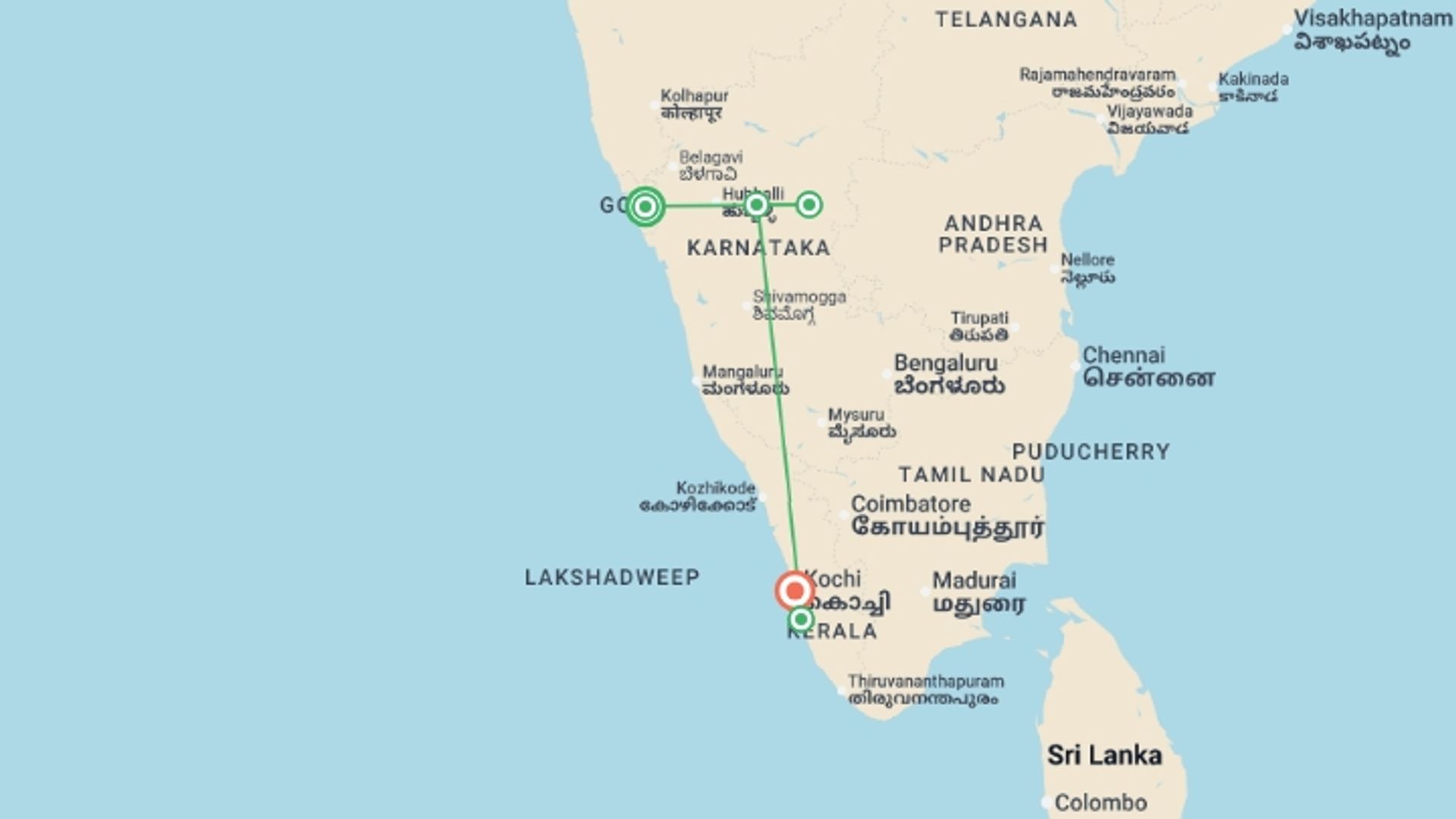 A map showing the tour itinerary for the trip: South India Highlights, starting in Goa, India and ending in Kochi, India going through 3 other destinations.