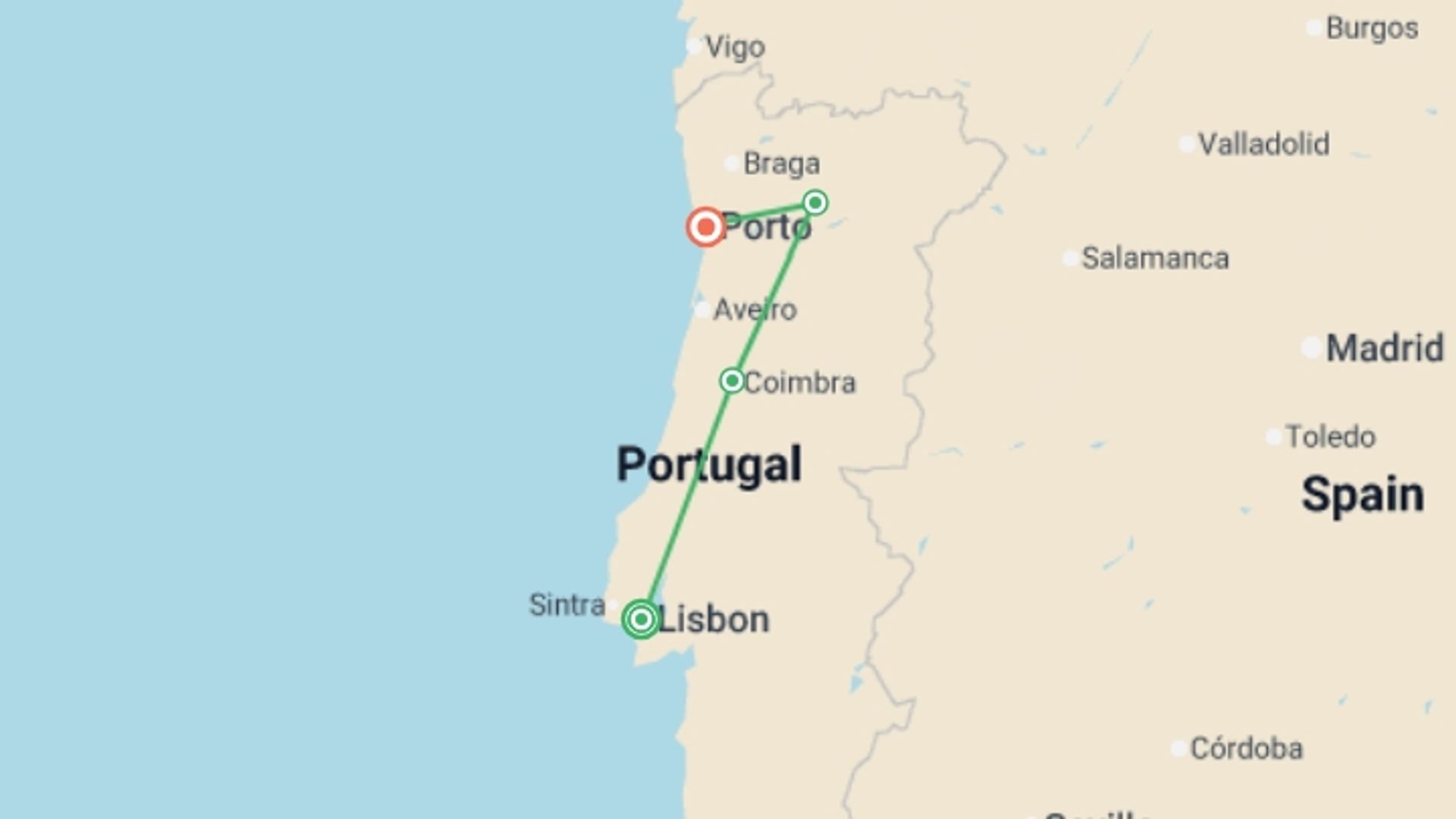 A map showing the tour itinerary for the trip: Highlights of Portugal, starting in Lisbon, Portugal and ending in Porto, Portugal going through 2 other destinations.
