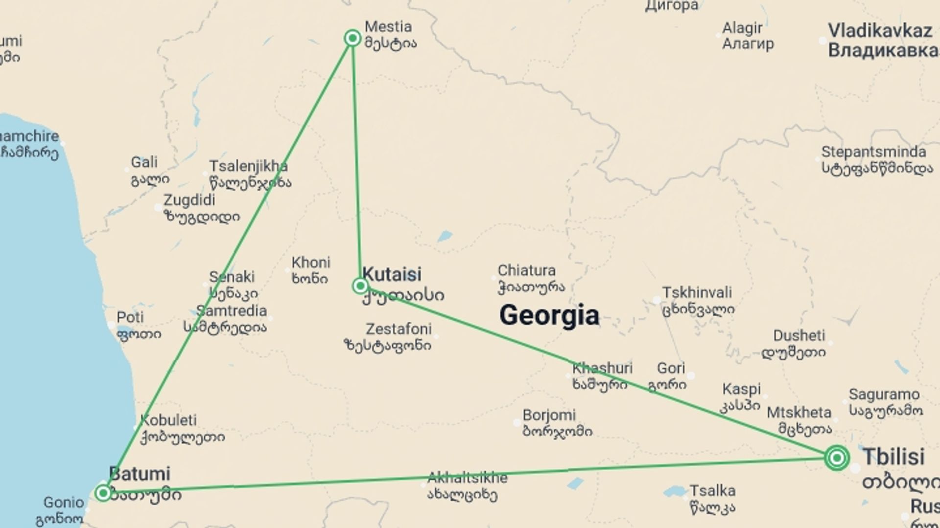 A map showing the tour itinerary for the trip: Georgia Adventure, starting in Tbilisi, Georgia and ending in Tbilisi, Georgia going through 3 other destinations.