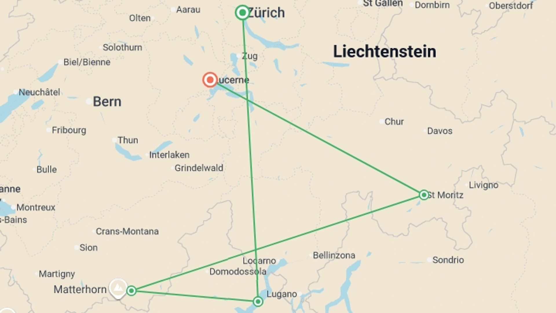 A map showing the tour itinerary for the trip: Alpine Lakes & Scenic Trains featuring a cruise on Lake Maggiore and scenic trains in Switzerland & Italy, starting in Zurich, Switzerland and ending in Lucerne, Switzerland going through 4 other destinations.
