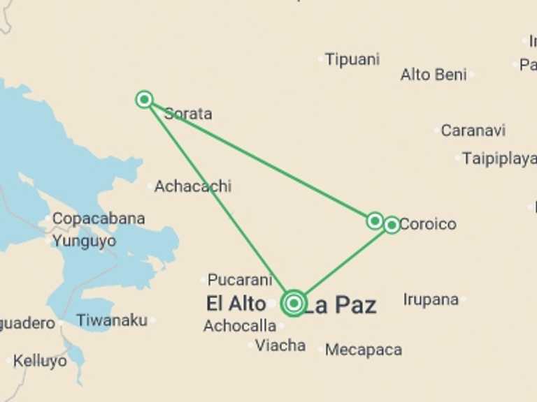Map itinerary of La Paz Tour in Spring with 3 destination visits for the trip: Choro Trail 3D/2N