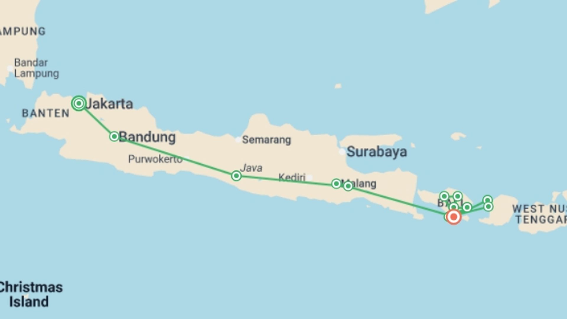 A map showing the tour itinerary for the trip: Indonesia Java, Bali & Lombok, starting in Jakarta, Indonesia and ending in Sanur, Indonesia going through 11 other destinations.