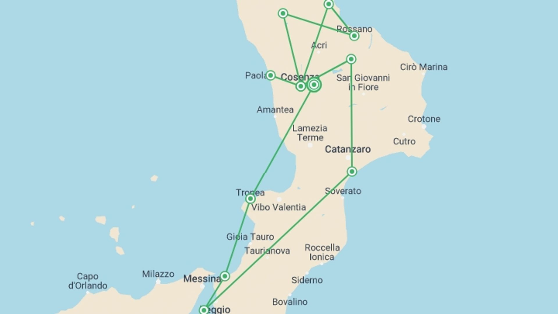 A map showing the tour itinerary for the trip: Wonders of Calabria, starting in Calabria, Italy and ending in Calabria, Italy going through 4 other destinations.