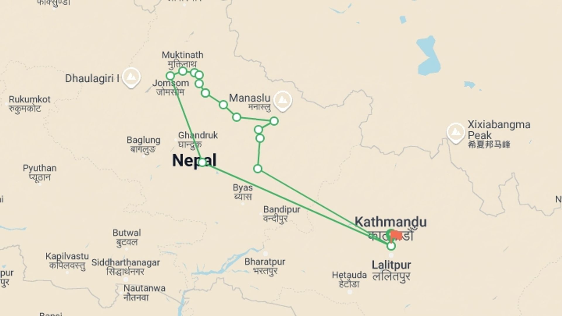 A map showing the tour itinerary for the trip: Annapurna Circuit Trek, starting in Kathmandu, Nepal and ending in Kathmandu, Nepal going through 12 other destinations.