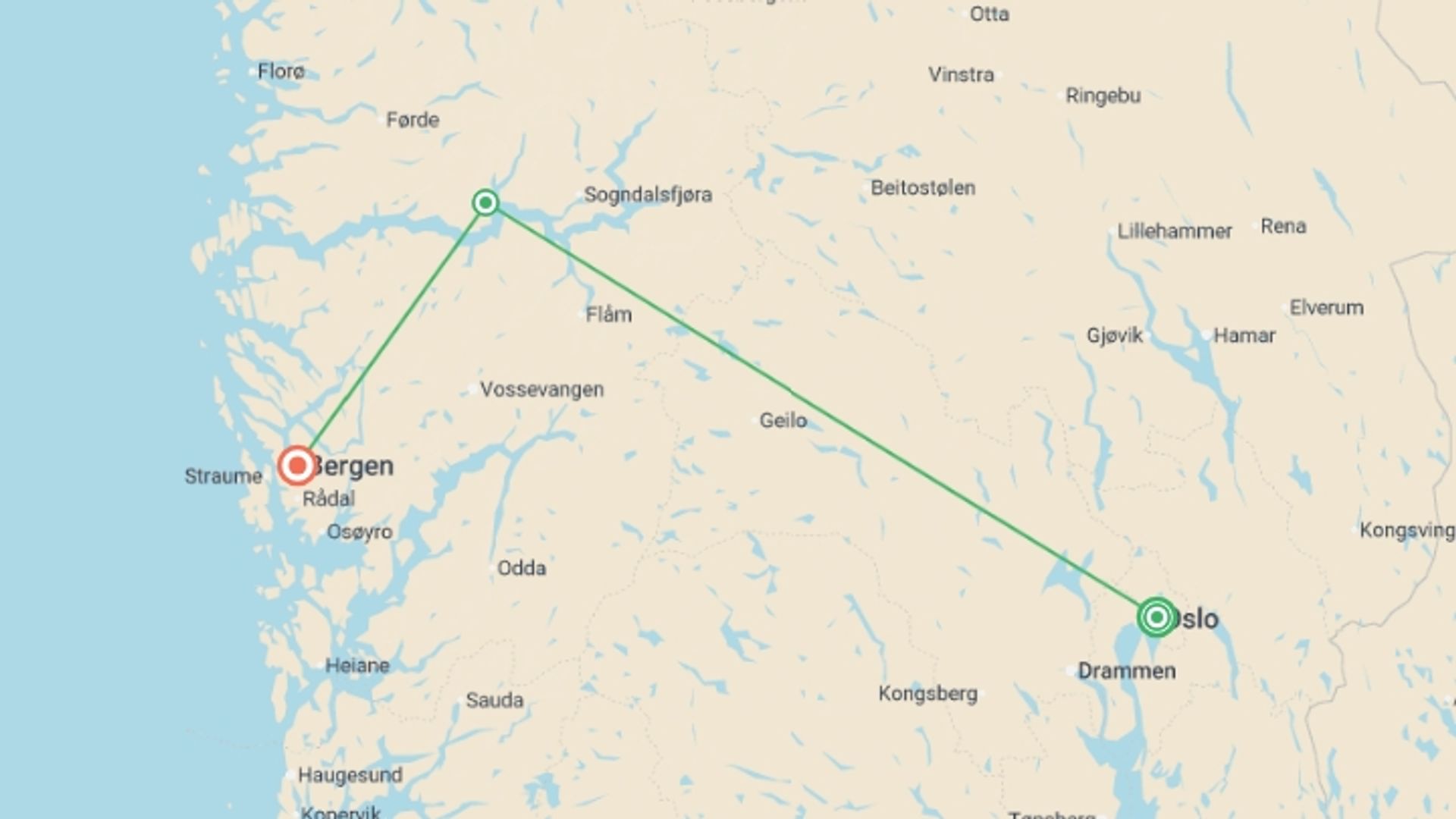 A map showing the tour itinerary for the trip: Oslo to Bergen (3 Star) - 7 days, starting in Oslo, Norway and ending in Bergen, Norway going through 1 other destinations.