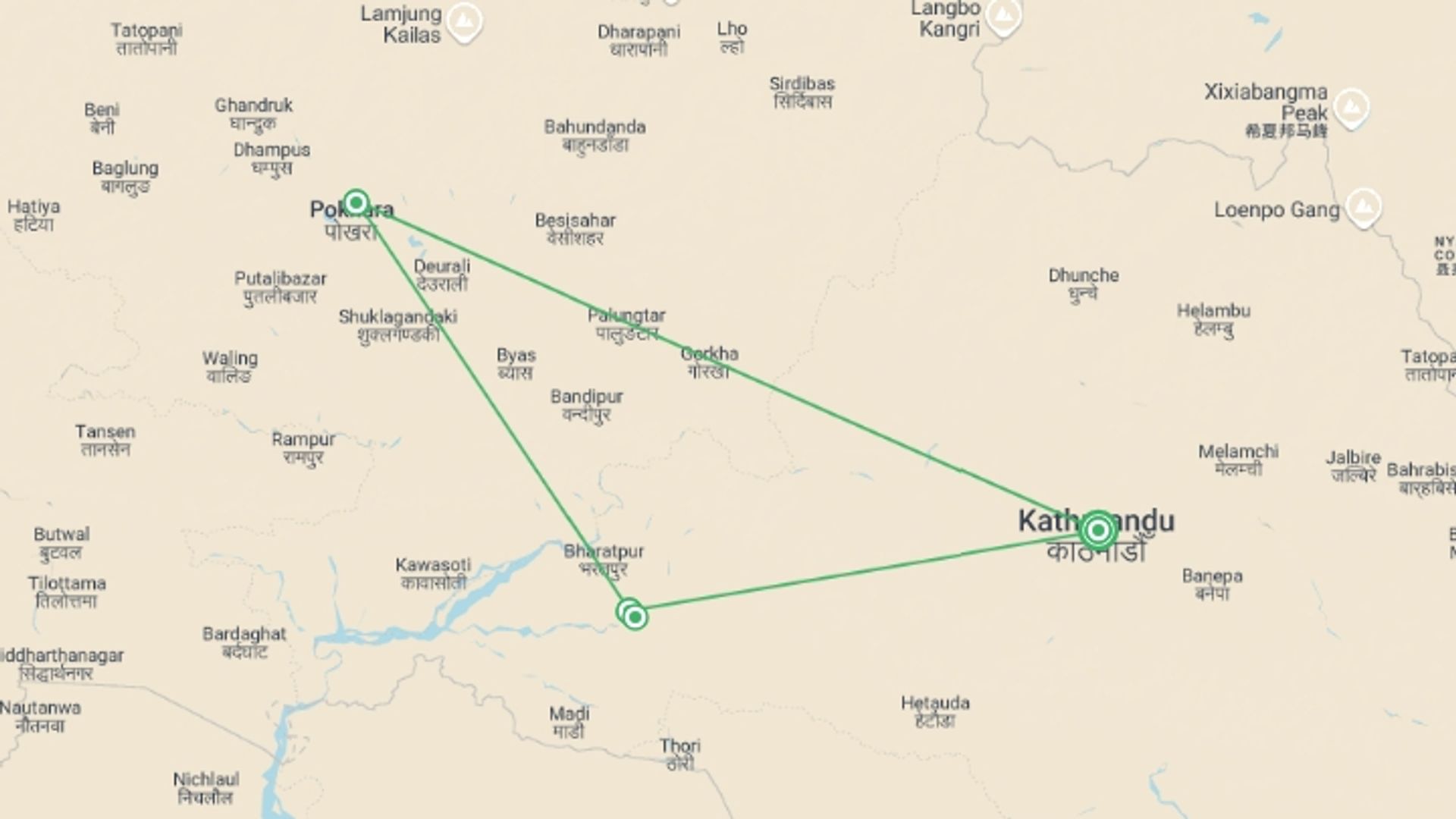 A map showing the tour itinerary for the trip: Highlights of Nepal, starting in Kathmandu, Nepal and ending in Kathmandu, Nepal going through 3 other destinations.