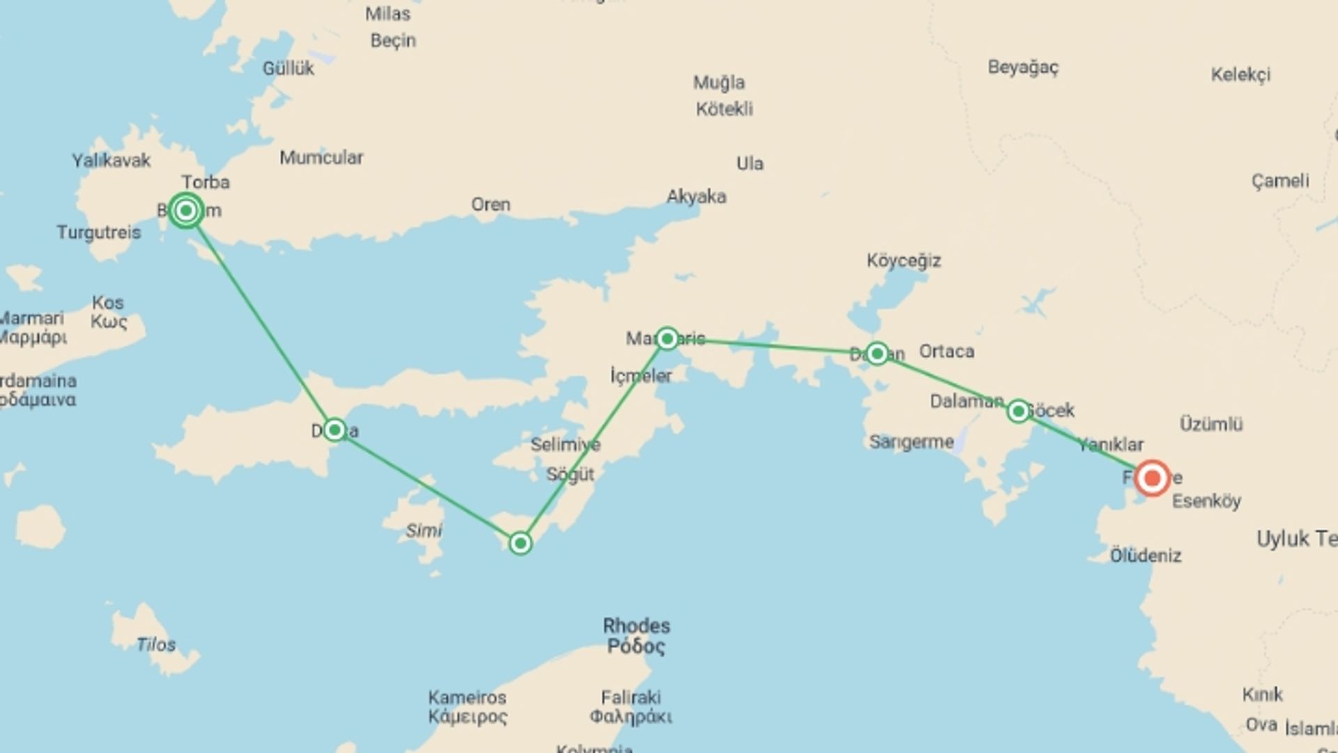 A map showing the tour itinerary for the trip: Sail Turkey: Bodrum to Fethiye (Turkish Gulet), starting in Bodrum, Turkey and ending in Fethiye, Turkey going through 5 other destinations.