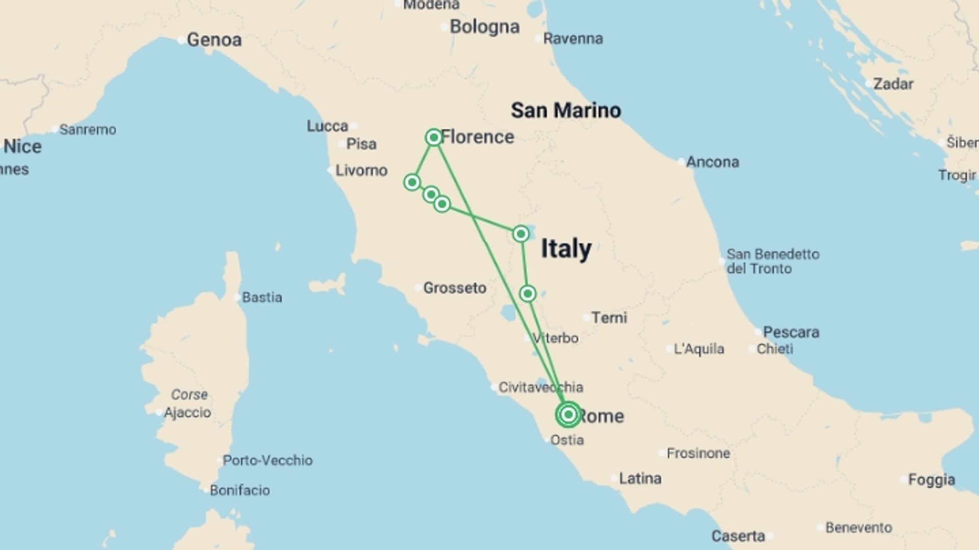 A map showing the tour itinerary for the trip: Roman Holiday, starting in Rome, Italy and ending in Rome, Italy going through 2 other destinations.