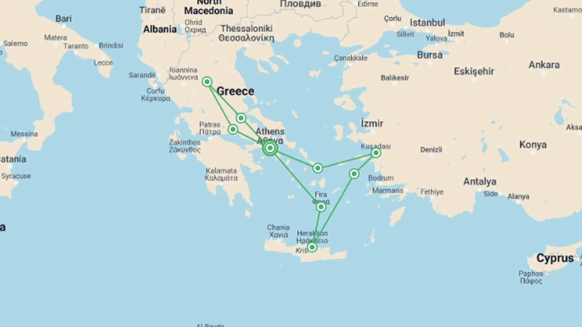 A map showing the tour itinerary for the trip: Greece and Greek Islands Cruise Int, starting in Athens, Greece and ending in Athens, Greece going through 0 other destinations.
