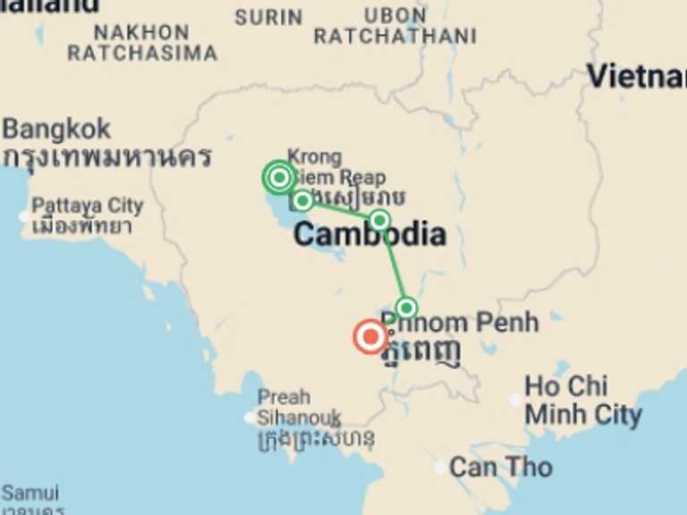Map of Asia Tour with 5 destination visits for the trip: Ride Cambodia