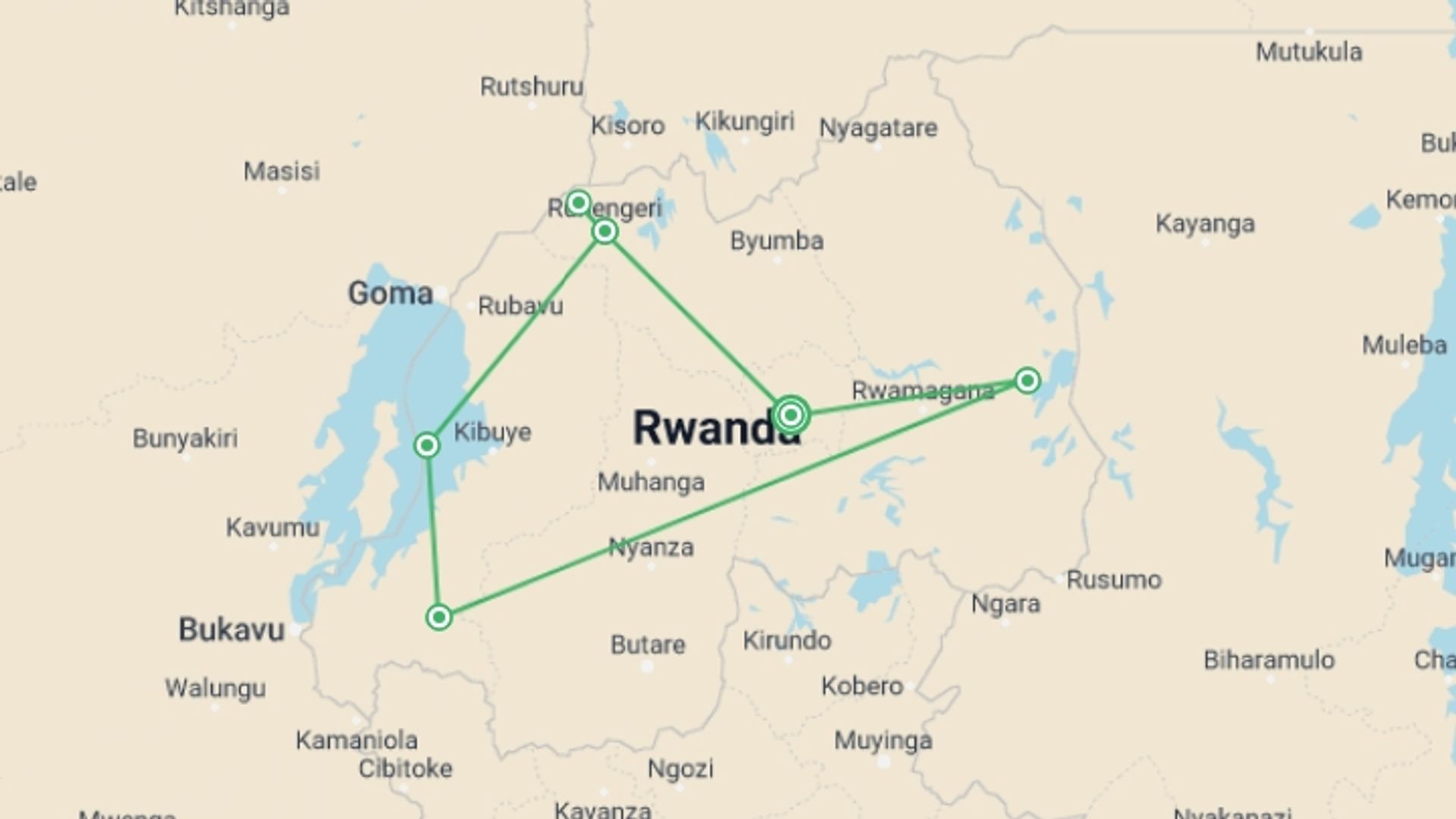 A map showing the tour itinerary for the trip: Roaming Rwanda, Option B (on Request), starting in Kigali, Rwanda and ending in Kigali, Rwanda going through 4 other destinations.