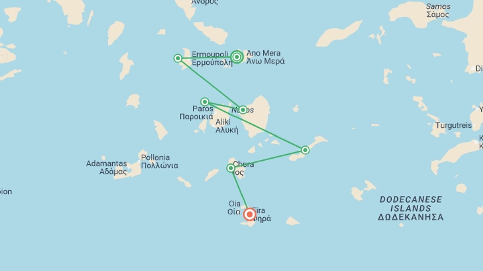 A map showing the tour itinerary for the trip: Sail Greece: Mykonos to Santorini, starting in Mykonos, Greece and ending in Santorini, Greece going through 5 other destinations.