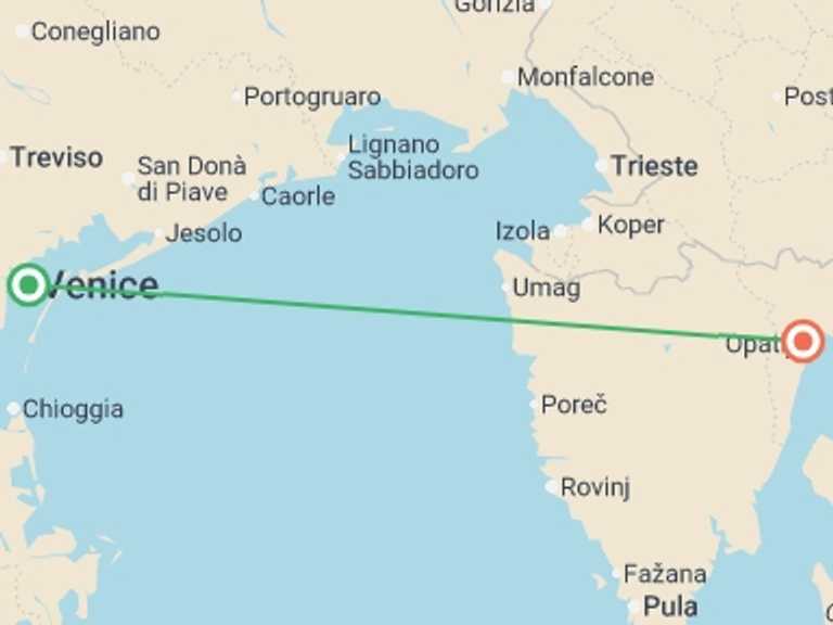 Map itinerary of Balkans Tour in August 2026 with 2 destination visits for the trip: Venice to Opatija - 4 days