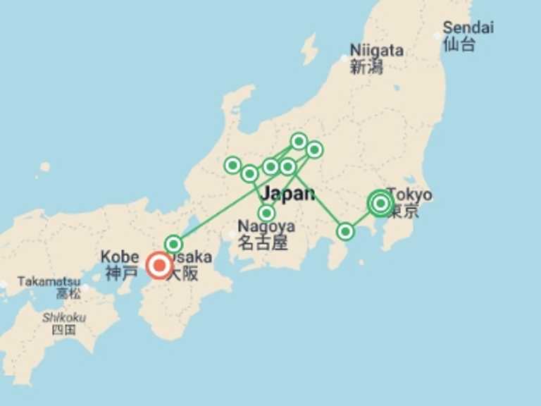 Map itinerary of Asia Tour in October 2026 with 13 destination visits for the trip: Multi-activity discovery trip along the Golden Route